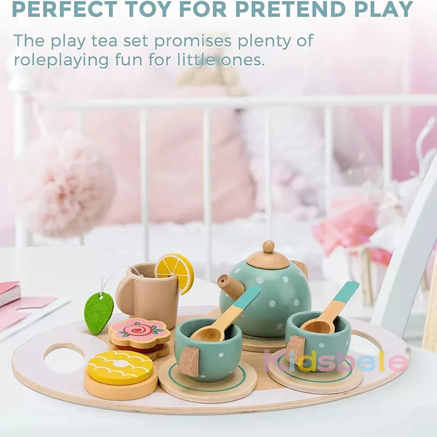 Jouets de thé en bois pour petites filles Ensembles de cuisine Accessoires de jeu avec théière Tasse à thé Jouets de jeu de rôle pour tout-petits de 3 ans et plus