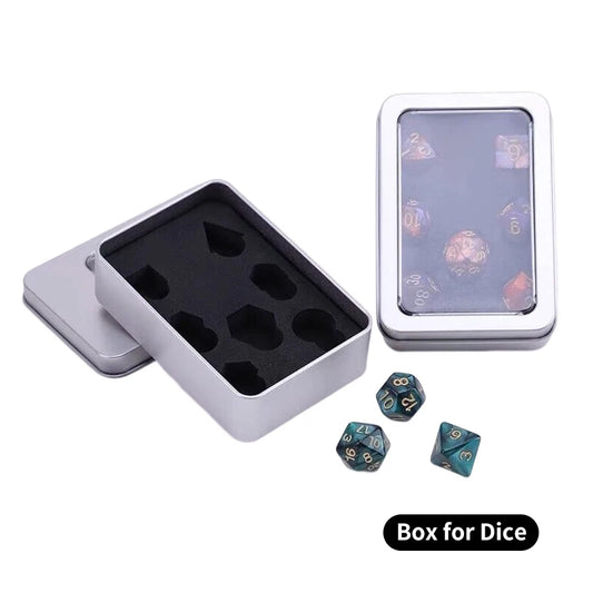 Caja de metal para dados, tamaño estándar, caja de metal para dados, 7 piezas, D4, D6, D8, D10, D%, D12, D20, juego de dados de almacenamiento con caja de metal de espuma protectora