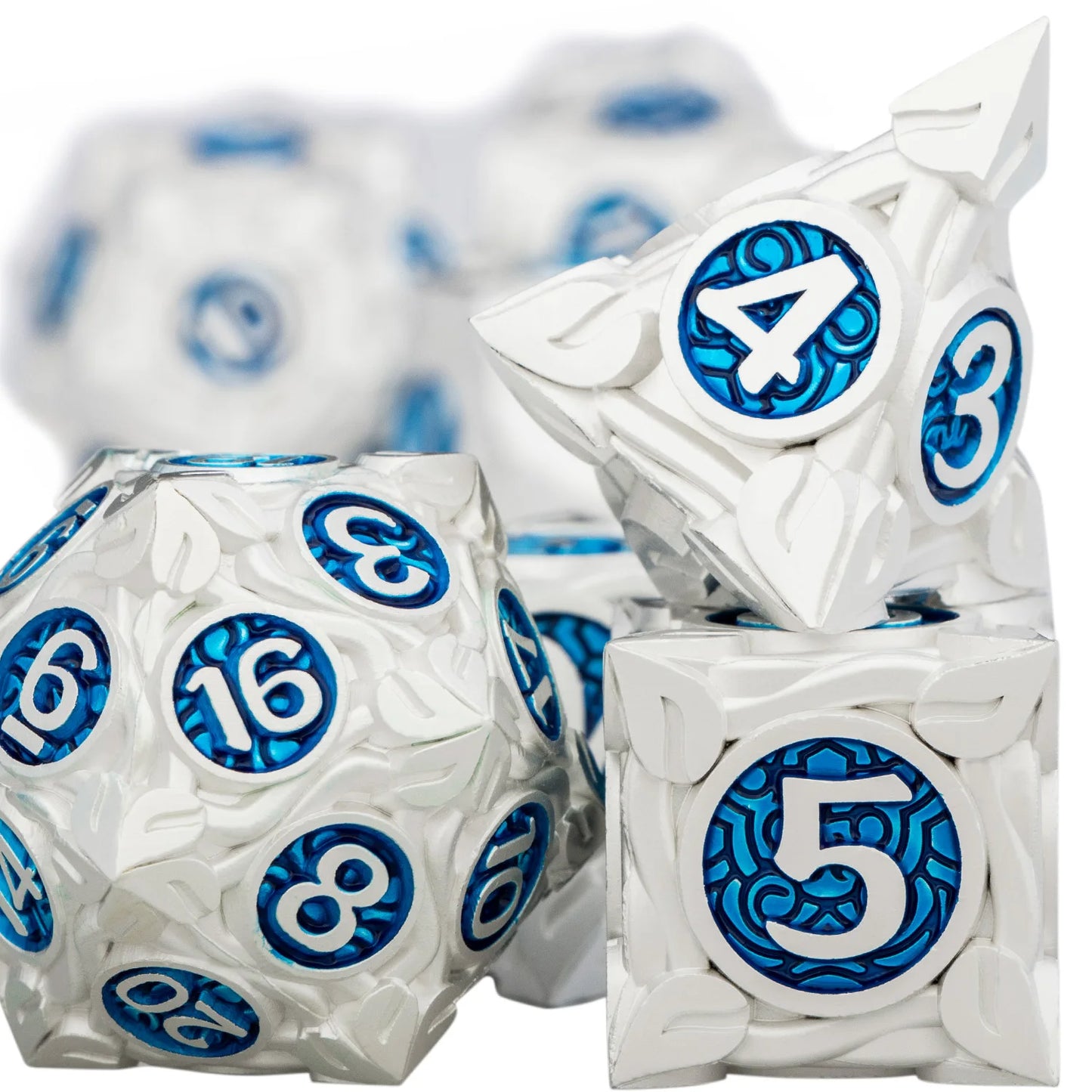 7PCS DND Metal Silver Blue RPG Polyhedral For Dungeon and Dragon Tabletop Role Playing Games D and D Dice Set D20 D12 D10 D8 D6