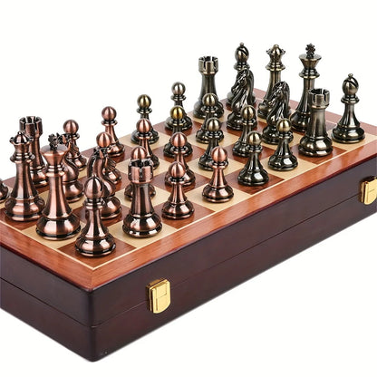 Jeu d'échecs en métal de 39 cm de large, 2 échiquiers supplémentaires pliables en bois, pièces d'échecs fabriquées à la main, jeu de table de voyage