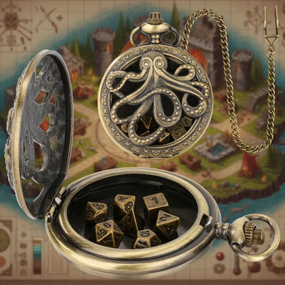 Dés DND en métal avec montre de poche vintage Jeu de dés avec chaîne de 39 cm Montre de poche à engrenages d'horloge creuse Dés DND Cadeaux Jeu de société