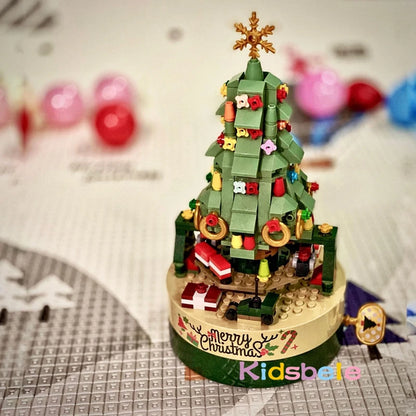 Colorful Christmas Tree Rotating Music Box Assembled Building Blocks Creative Ornaments Christmas Gift Toy Music Box