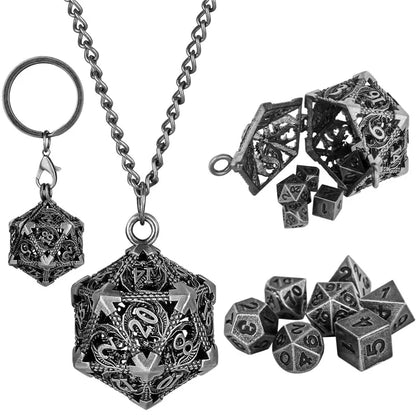 Llavero de dados con estuche de metal hueco D20, juego de 7 dados poliédricos de metal, collar con colgante de cadena para juegos, regalos de Navidad