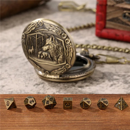 Dés de montre de poche Wolf, dés Dnd, 7 pièces de dés en métal Chaîne pendentif loup 7 pièces/ensemble dés polyédriques en métal pour dés de jeu de rôle