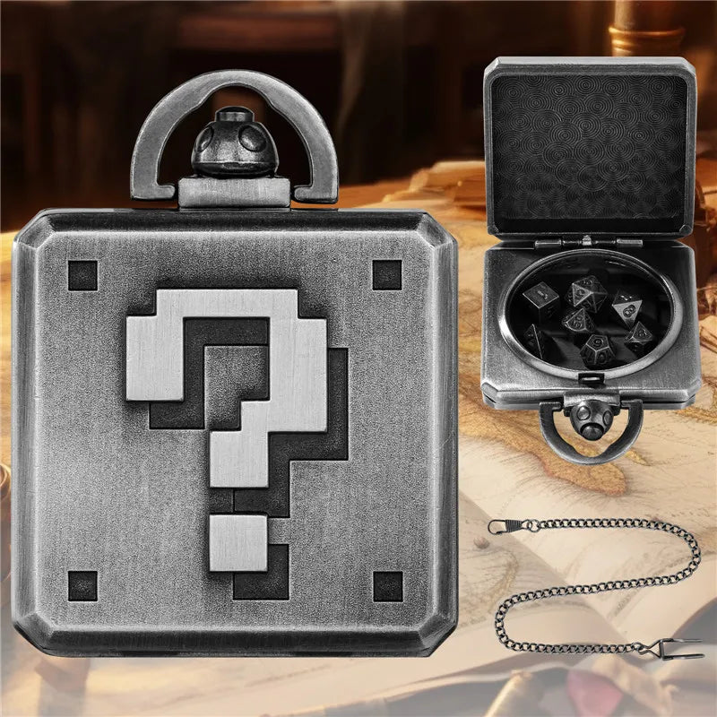 Square Pocket Watch Case Dice 7pcs Metal Polyhedral Dice Role Play Game Dices for Board Game Creative Pocket Watch Dice Pendant