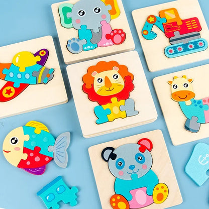 Baby Wooden Toys 3D Puzzle Cartoon Animal Intelligence Cognitive Jigsaw Wood Puzzle Early Educational Toys for Kids Gifts