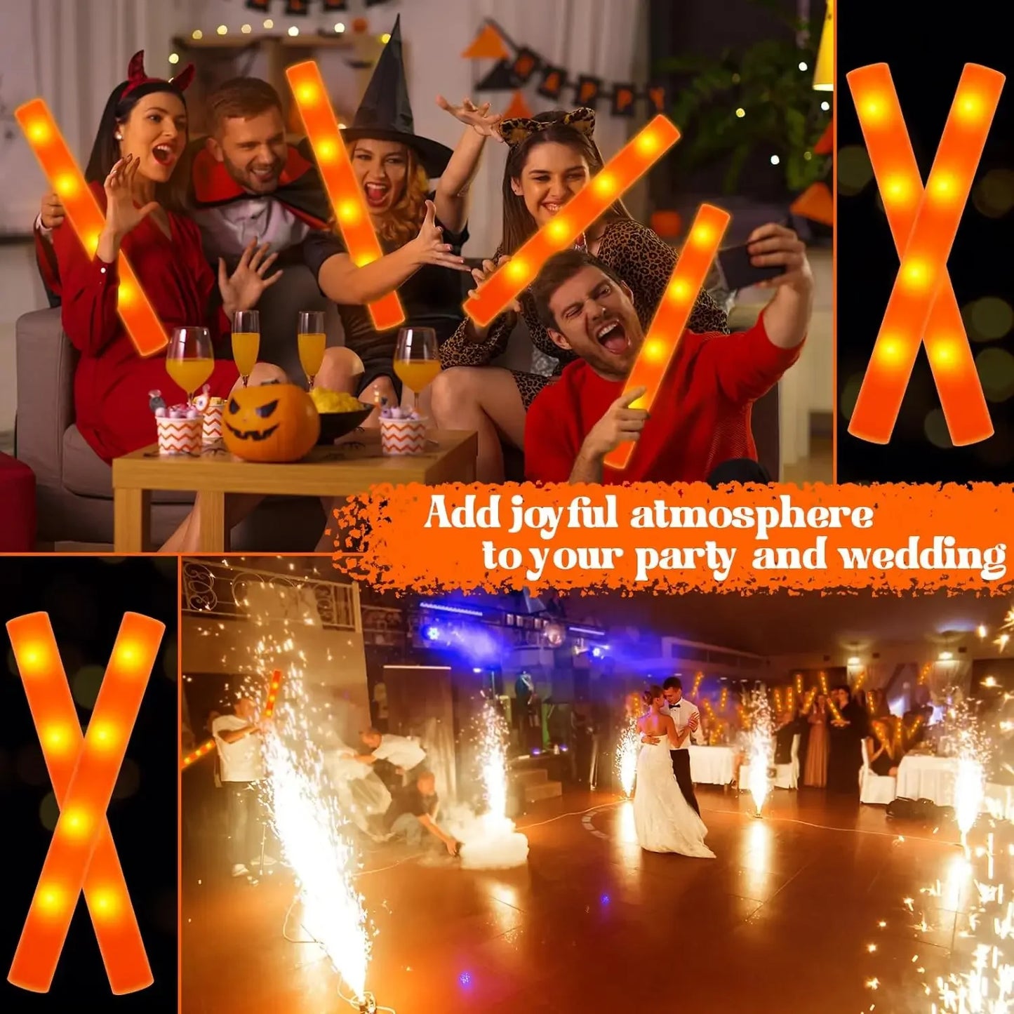 Lot de 20 bâtons lumineux en mousse à LED, 3 modes, orange, clignotant, brille dans le noir, fournitures de fête et de mariage