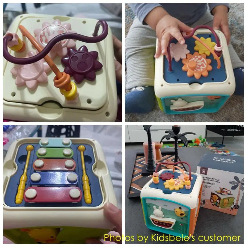 Cubo de actividades 7 en 1 para bebés, juguetes musicales para niños pequeños, tambor de mano, cuentas, Maza, clasificador de formas, juguetes educativos de aprendizaje para niños