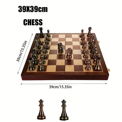 Jeu d'échecs en métal de 39 cm de large, 2 échiquiers supplémentaires pliables en bois, pièces d'échecs fabriquées à la main, jeu de table de voyage