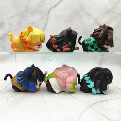 6 piezas/set Anime Demon Slayer figura Nezuko Tanjirou Zenitsu Inosuke mini figura Kawaii gato oreja dormir figura PVC modelo muñeca juguetes