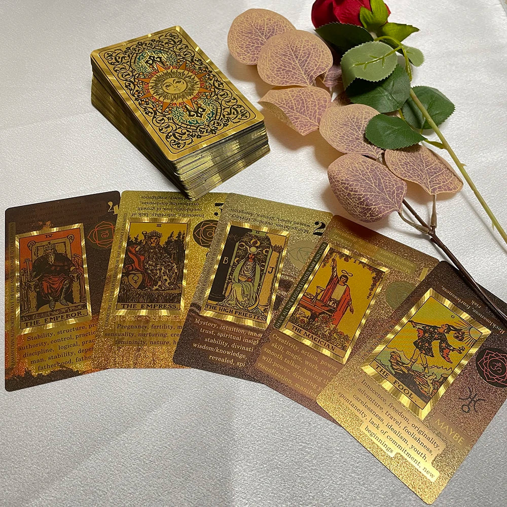 Cartes de Tarot d'Or 12x7cm Anglais Classique avec Mots-clés pour Débutants avec Guide Jeu de Cartes Imperméable de Haute Qualité