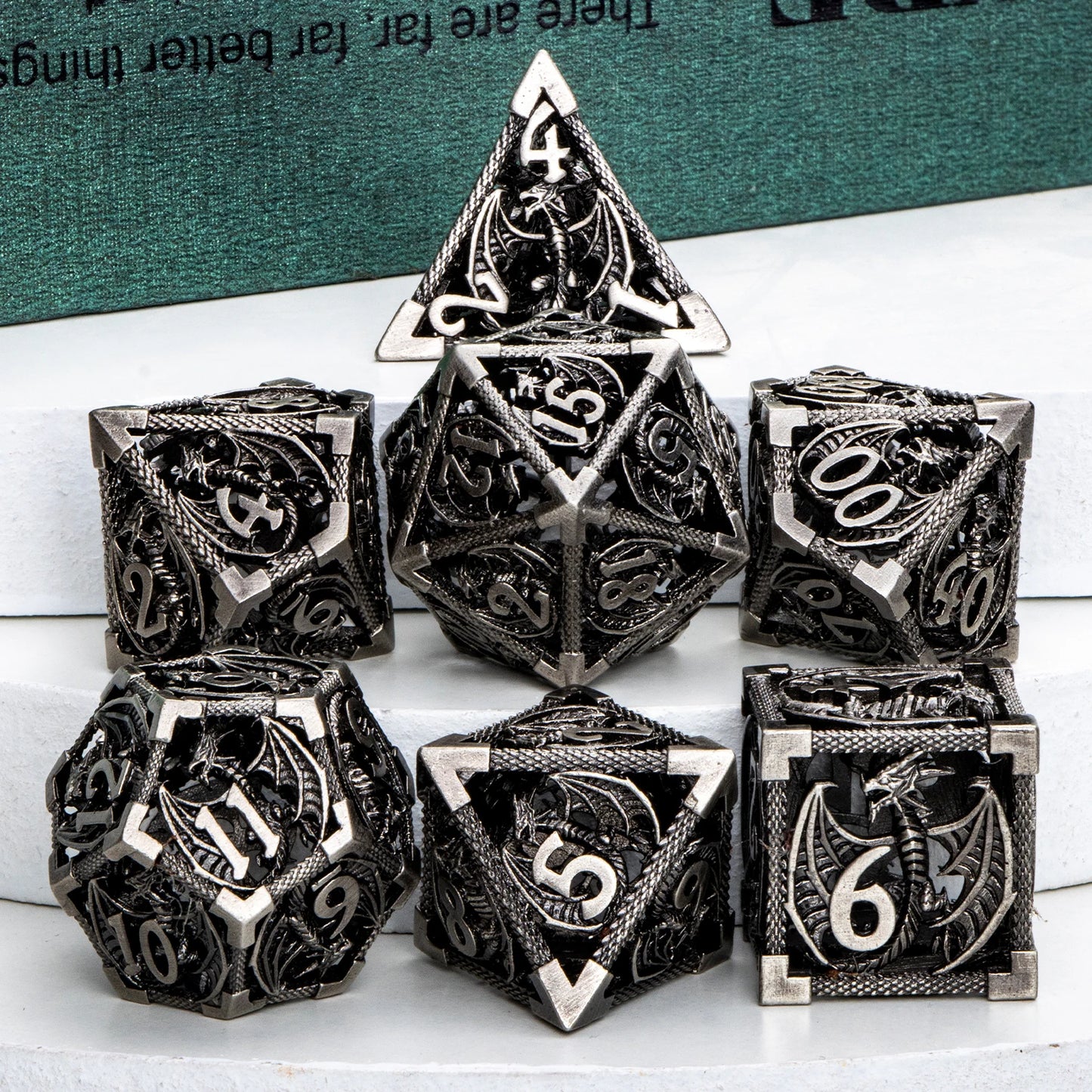 Juego de dados de metal hueco DND con forma de dragón, 7 piezas, para juegos de mesa de rol de mazmorras y dragones, juego de dados D&amp;D D20 D12 D10 D8 D6 D4