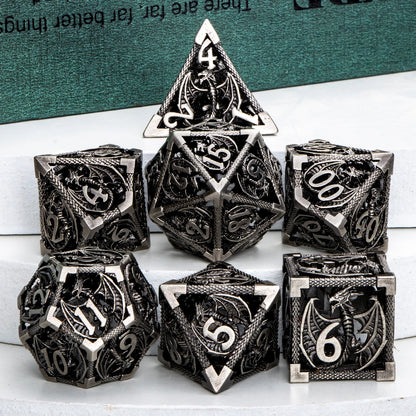 Juego de dados de metal hueco DND con forma de dragón, 7 piezas, para juegos de mesa de rol de mazmorras y dragones, juego de dados D&amp;D D20 D12 D10 D8 D6 D4