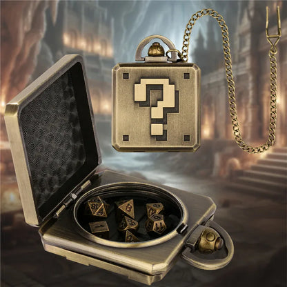 Square Pocket Watch Case Dice 7pcs Metal Polyhedral Dice Role Play Game Dices for Board Game Creative Pocket Watch Dice Pendant