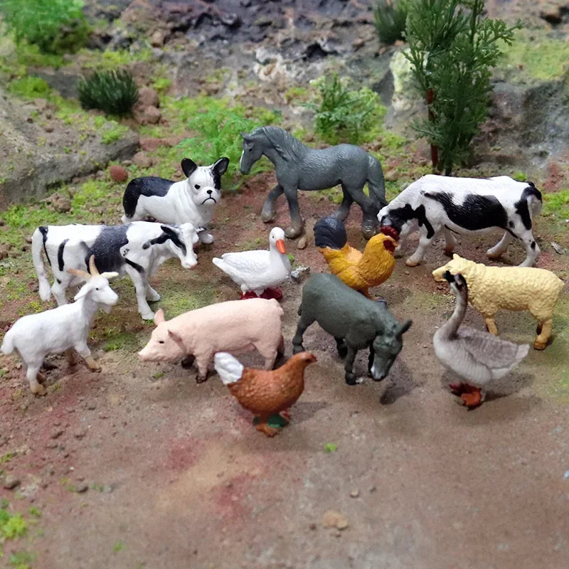 12pcs Simulation Farm Poultry Ocean Animal Action Figures Model Pig Bird Duck Hen Goose Horse Cow Dog Goat Bear Toy for children