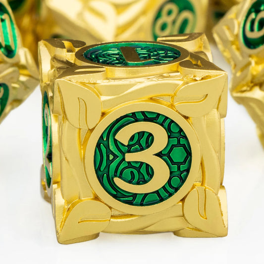 Juego de 7 dados poliédricos de metal dorado y verde para juegos de rol de mesa Dungeon and Dragon, DND y D20, D12, D10, D8 y D6