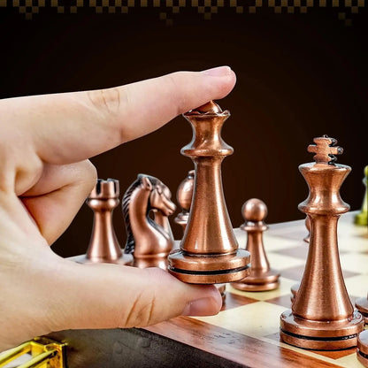 Large Metal Deluxe Chess Retro Copper Plated Alloy Chess Adult Set Board Game Portable Wooden Box Storage Folding Chess Set