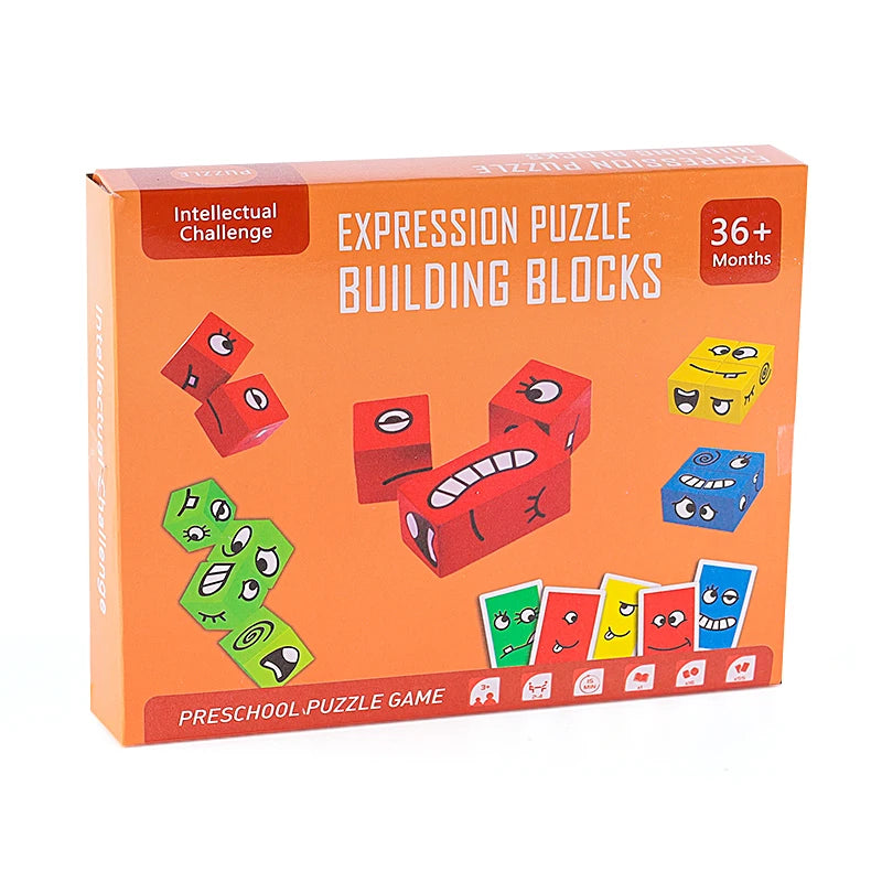 Cube Face Change Building Blocks Board Game Wood Puzzle Montessori Expression Wooden Blocks Blocos For Children Kids Toys Gift