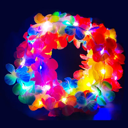 10 piezas de diadema floral con LED hawaiano, collares con flores luminosas, guirnaldas iluminadas, guirnaldas artificiales de arcoíris, suministros para fiestas de bodas