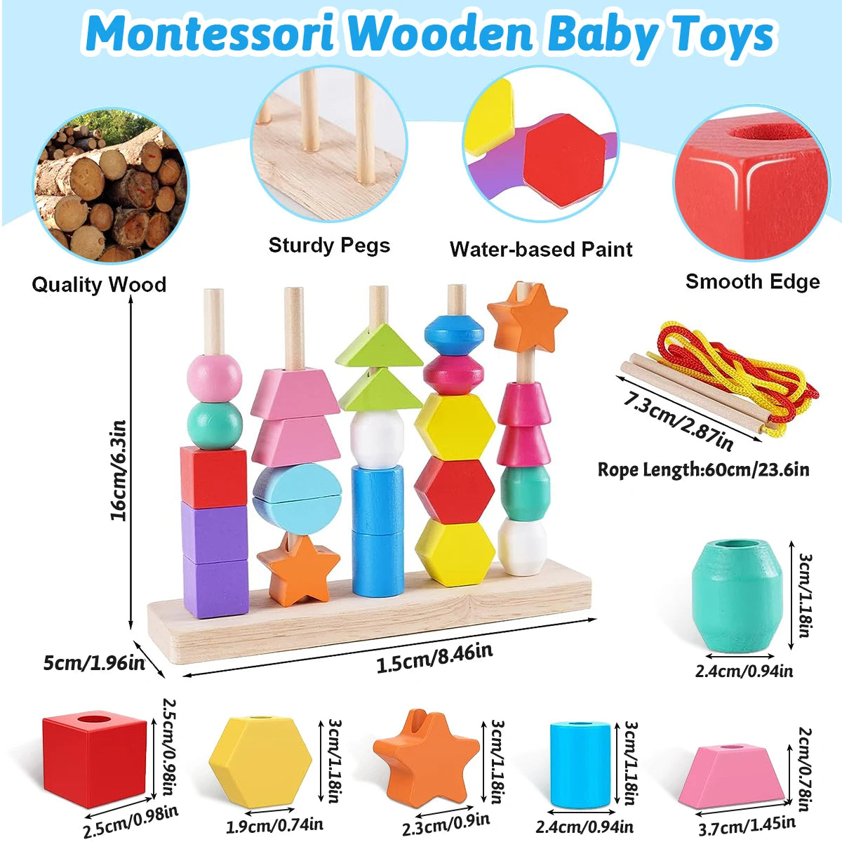 Montessori Wooden Beads Sequencing Toy Stacking Blocks & Lacing Beads & Matching Shape Stacker Montessori Learning Toys Gifts