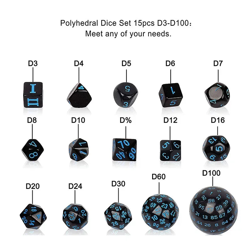 Juego de dados poliédricos opacos negros con caras de varios dígitos de 15 piezas para juegos de rol D3 D4 D5 D6 D7 D8 D10 D12 D16 D20 D24 D30 D60 D100