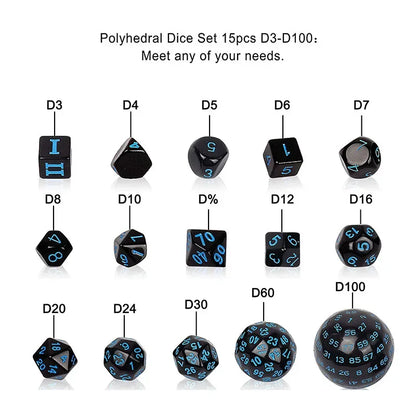 Juego de dados poliédricos opacos negros con caras de varios dígitos de 15 piezas para juegos de rol D3 D4 D5 D6 D7 D8 D10 D12 D16 D20 D24 D30 D60 D100