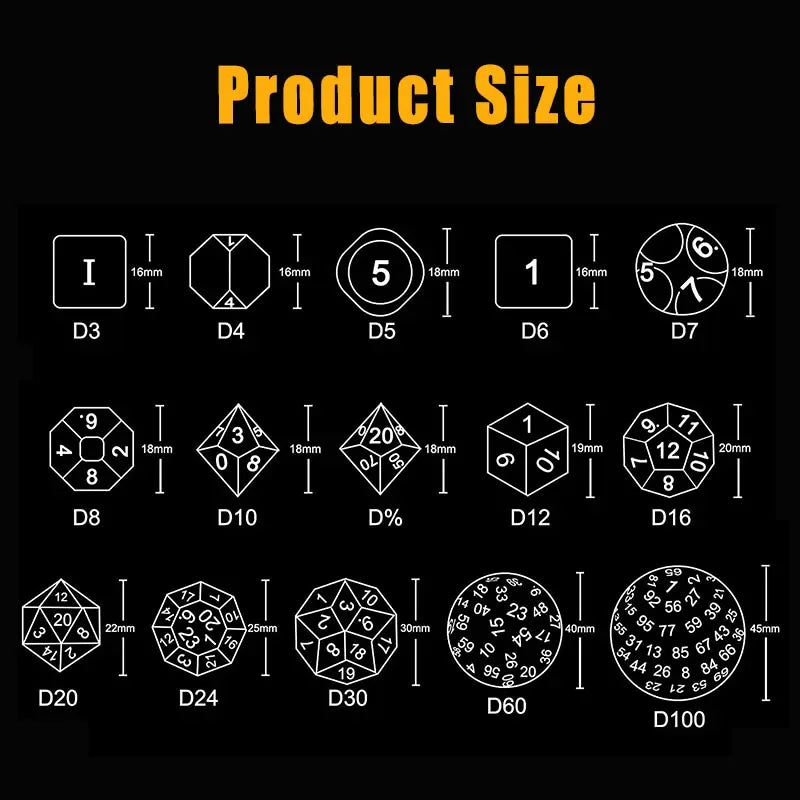 Juego de dados poliédricos opacos negros con caras de varios dígitos de 15 piezas para juegos de rol D3 D4 D5 D6 D7 D8 D10 D12 D16 D20 D24 D30 D60 D100