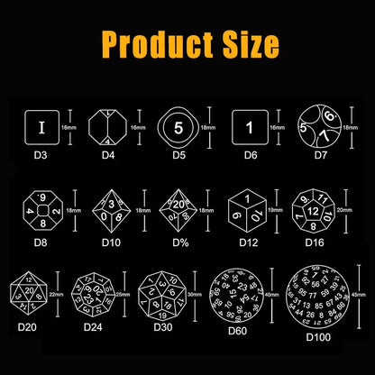 Juego de dados poliédricos opacos negros con caras de varios dígitos de 15 piezas para juegos de rol D3 D4 D5 D6 D7 D8 D10 D12 D16 D20 D24 D30 D60 D100