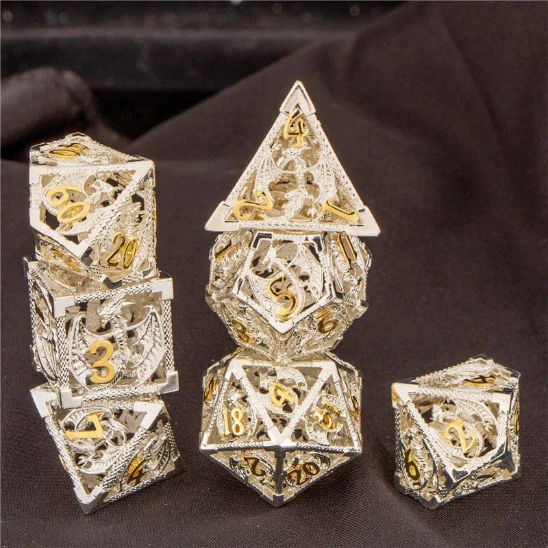 OUKELANWO DND Metal Hollow Dice Set D&amp;D, dés de jeu de rôle polyédriques, dés de donjon et de dragon D et D D20 D12 D10 D8 D6 D4