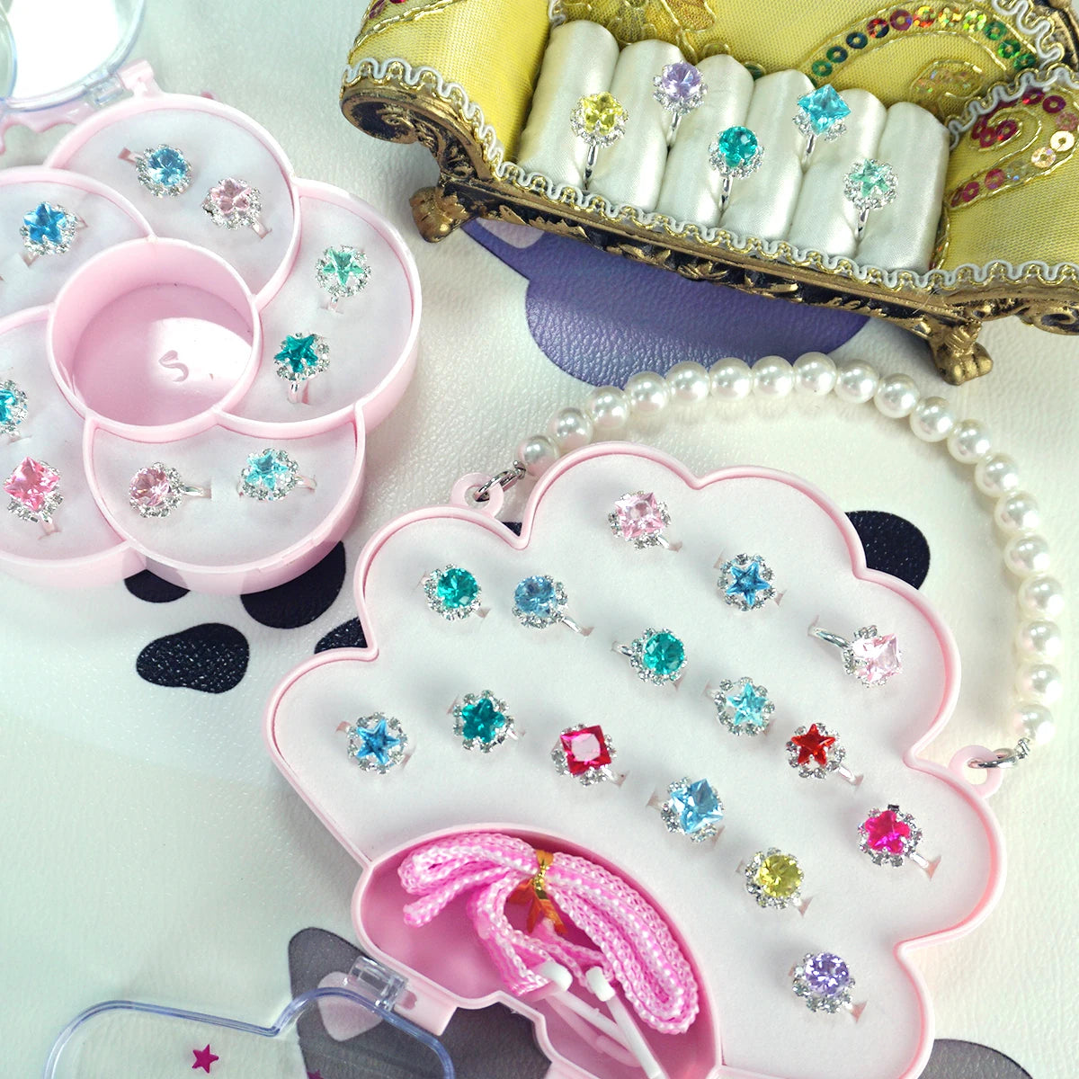 15PCS Little Girl Alloy Gemstone Rings Seashell Bag Children Kids Jewelry Set With Display Case Girl Pretend Play Dress Up Rings