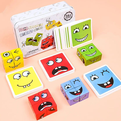 Kids Emotions Expression Game Wooden Cube Face Changing Board Cartoon Puzzle Toy Montessori Thinking Challenge Games