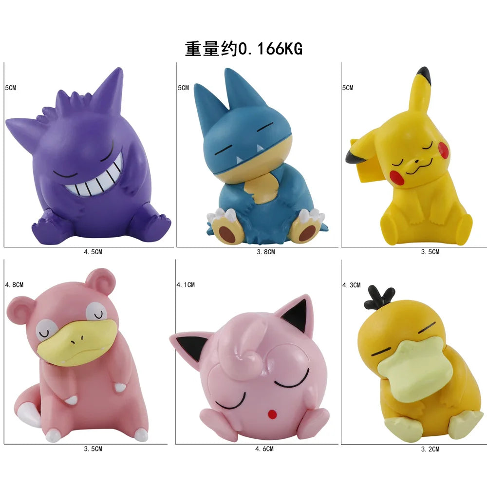 Figuras de acción de PVC de Pokémon, set de 6 unidades de Pikachu, Gengar, Jigglypuff, Slowpoke, Gonbe, Psyduck, versión para dormir