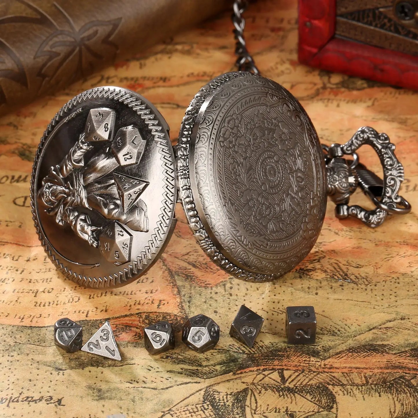 Estuche para dados DND con forma de reloj de bolsillo para dados de mazmorras y dragones, regalo, juego de dados DND en miniatura de metal poliédrico con carcasa de reloj de bolsillo