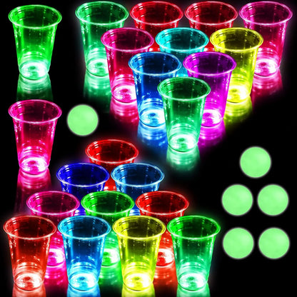 Jeu de bière-pong lumineux avec gobelets de bière-pong à LED et boules phosphorescentes pour un divertissement compétitif en intérieur et en extérieur la nuit, un anniversaire