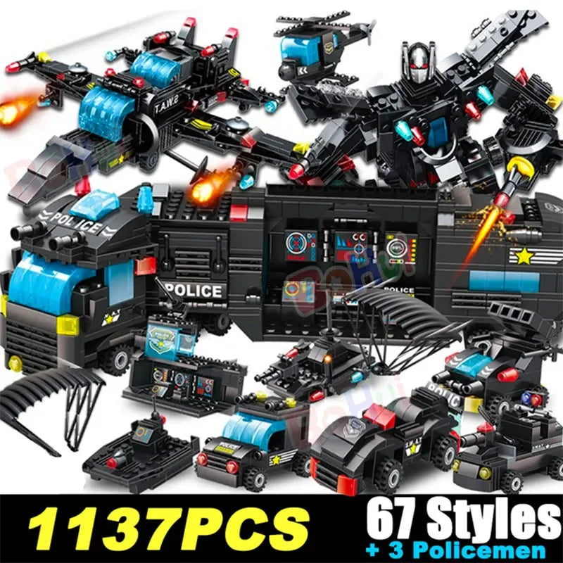 SWAT Police Station Militaire Ville Modèle Ensemble Prison Voiture Policier Bateau Figurines Blocs De Construction Jouet DIY pour Enfants Anniversaire Garçon Cadeau