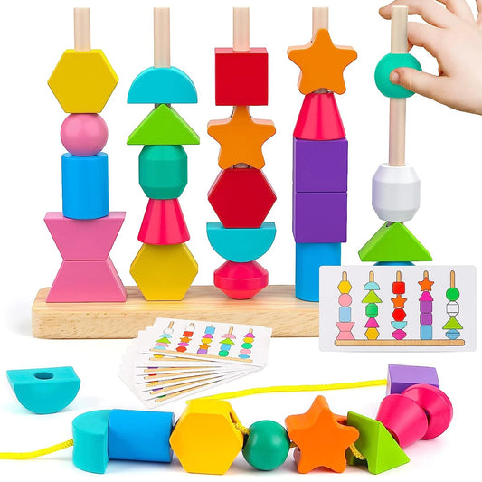 Jouet de séquençage de perles en bois Montessori Blocs d'empilage et perles de laçage et empileur de formes assorties Jouets d'apprentissage Montessori Cadeaux