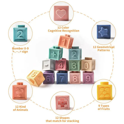 Lot de 12 blocs de construction souples pour bébé, jouet de bain sensoriel Montessori, anneaux de dentition, jouets de bain pour tout-petits et enfants, cadeaux