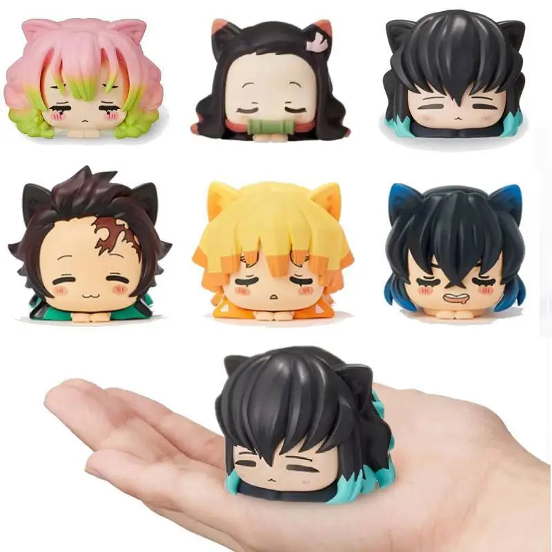 6 piezas/set Anime Demon Slayer figura Nezuko Tanjirou Zenitsu Inosuke mini figura Kawaii gato oreja dormir figura PVC modelo muñeca juguetes