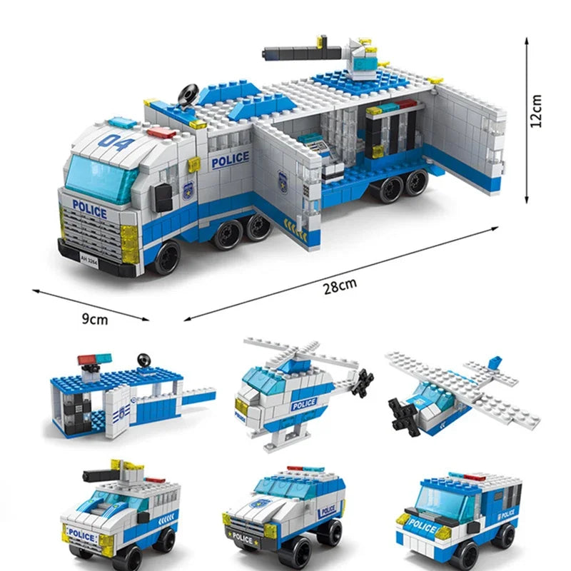 Bloques de construcción 6 en 1 para coche de policía de ciudad, camión minicargador con motor de ingeniería de bomberos, modelo clásico, juego de ladrillos, juguete, regalo de Navidad