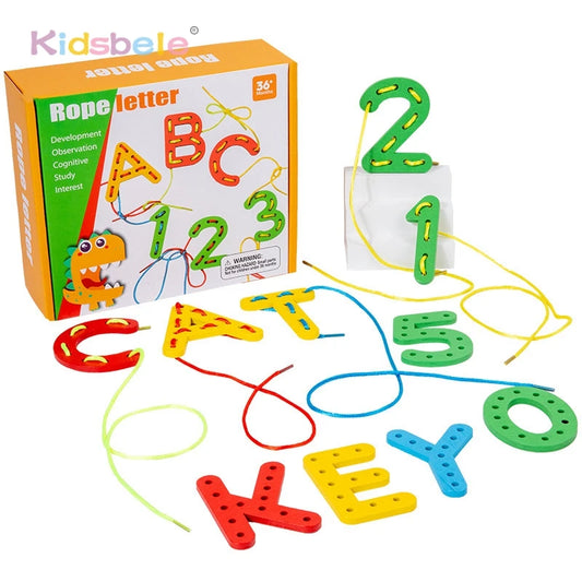 Lacing Letter Toy Alphabet Number Threading Game Educational Wood Lacing ABC Toy Montessori for Car Home Travel Kids Children