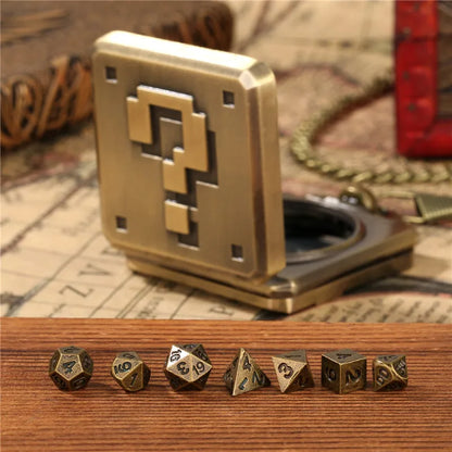 Square Pocket Watch Case Dice 7pcs Metal Polyhedral Dice Role Play Game Dices for Board Game Creative Pocket Watch Dice Pendant