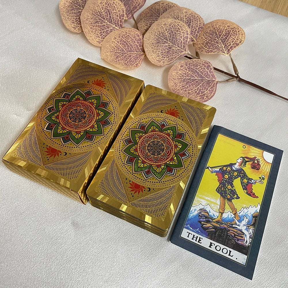 Hermosa baraja de tarot resistente de 12 x 7 cm, dorada brillante, versión clásica en inglés de alta calidad, cartas de adivinación con runas