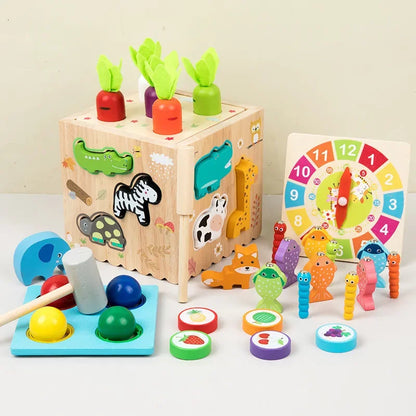 Children Multifunctional Wooden Montessori 8-in-1 Tapping Ball Animal Pairing Fishing Puzzle Box Early Education Board Game