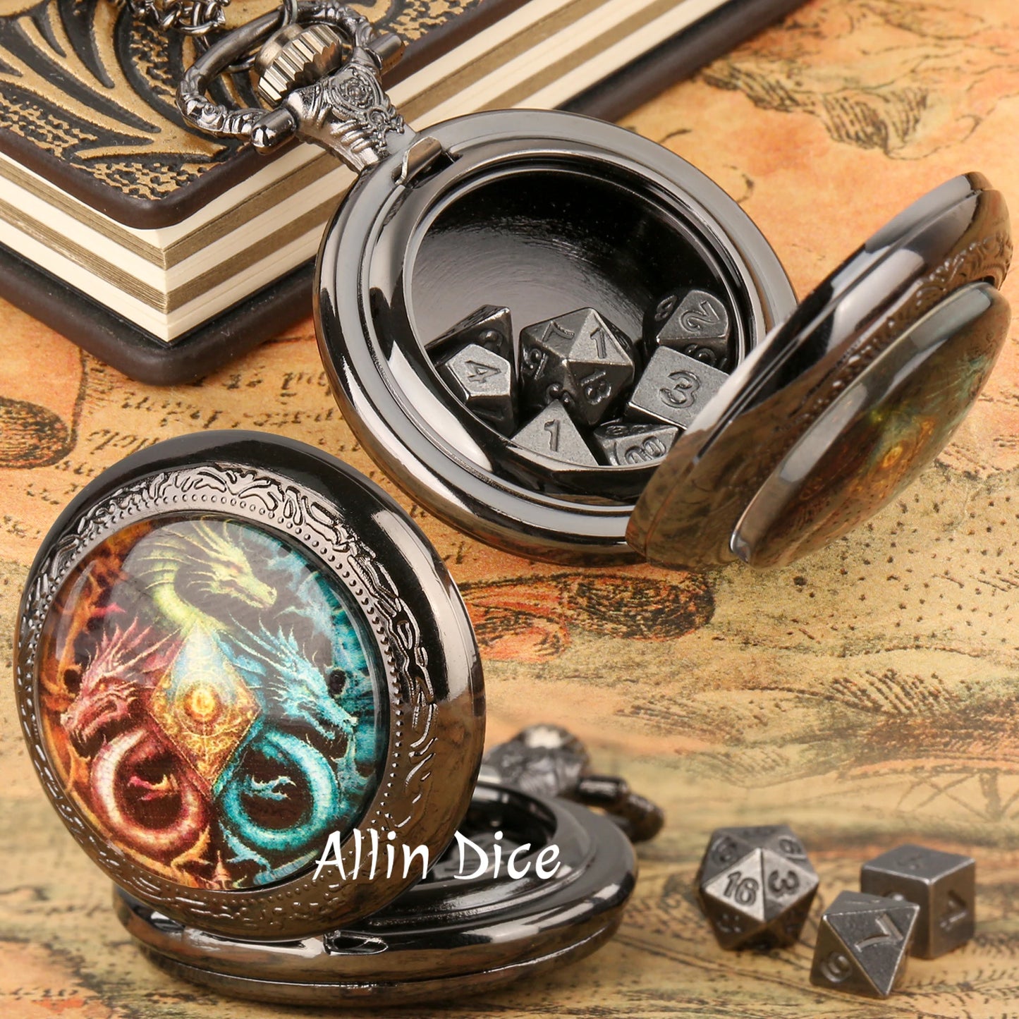 Montre de poche en métal Dragon Eyes Dice pour collectionneurs de dés, joueurs de jeux dnd. Mini montre de poche à dés dnd de 6 mm pour joueur de rpg