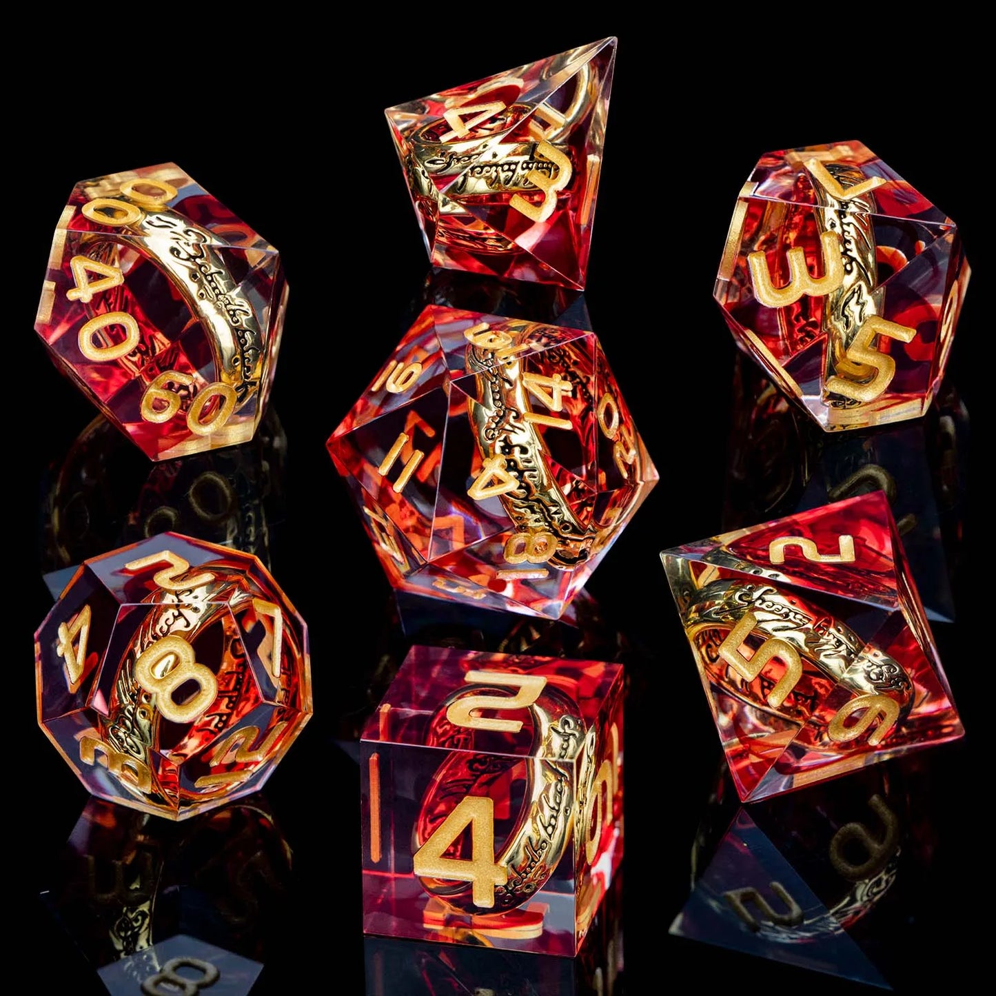 ORIFANTOU DND Red Rings &amp; Liquid Flow Eye Sharp Edge Resin Dice Set D&amp;D Dungeon and Dragon Dés polyédriques D20 D et D faits à la main