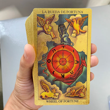 Baraja de adivinación con cartas de tarot en lámina de oro de 12 x 7 cm para principiantes con guía en papel en 2 idiomas Toro Taro