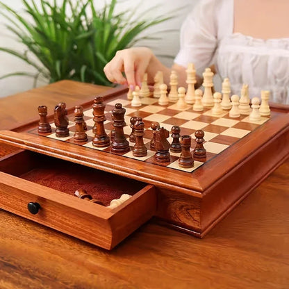 Ajedrez de madera maciza de alta calidad de 31 cm/12,2 pulgadas, cajón grande, tablero de ajedrez de almacenamiento, piezas de ajedrez de madera retro, bonito regalo de decoración