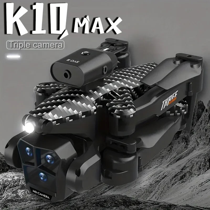 Nouveau drone K10 Max RC HD triple caméra flux optique positionnement évitement d'obstacles photographie gestuelle pliable quadricoptère jouets