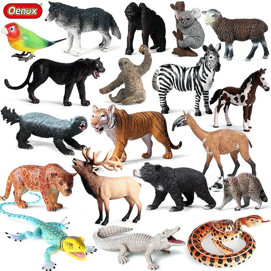 Oenux Forest Wild Animals Elk Snake Zebra Crocodile Peacock Horse Model Action Figure Figurines Miniature Collection Kids Toy