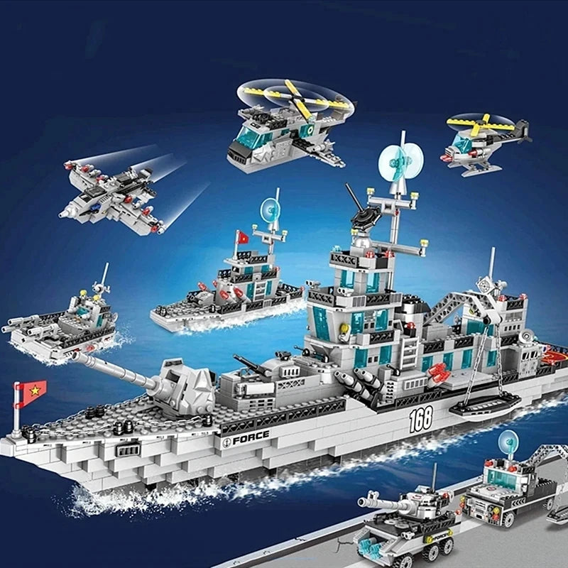 Char de guerre de la marine, bateau de l'armée, avion, modèle de navires de guerre, blocs de construction, ensemble de construction pour garçons, briques, jouets, cadeaux de Noël